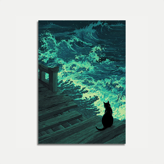 Cat Watching Bioluminescent Waves Poster