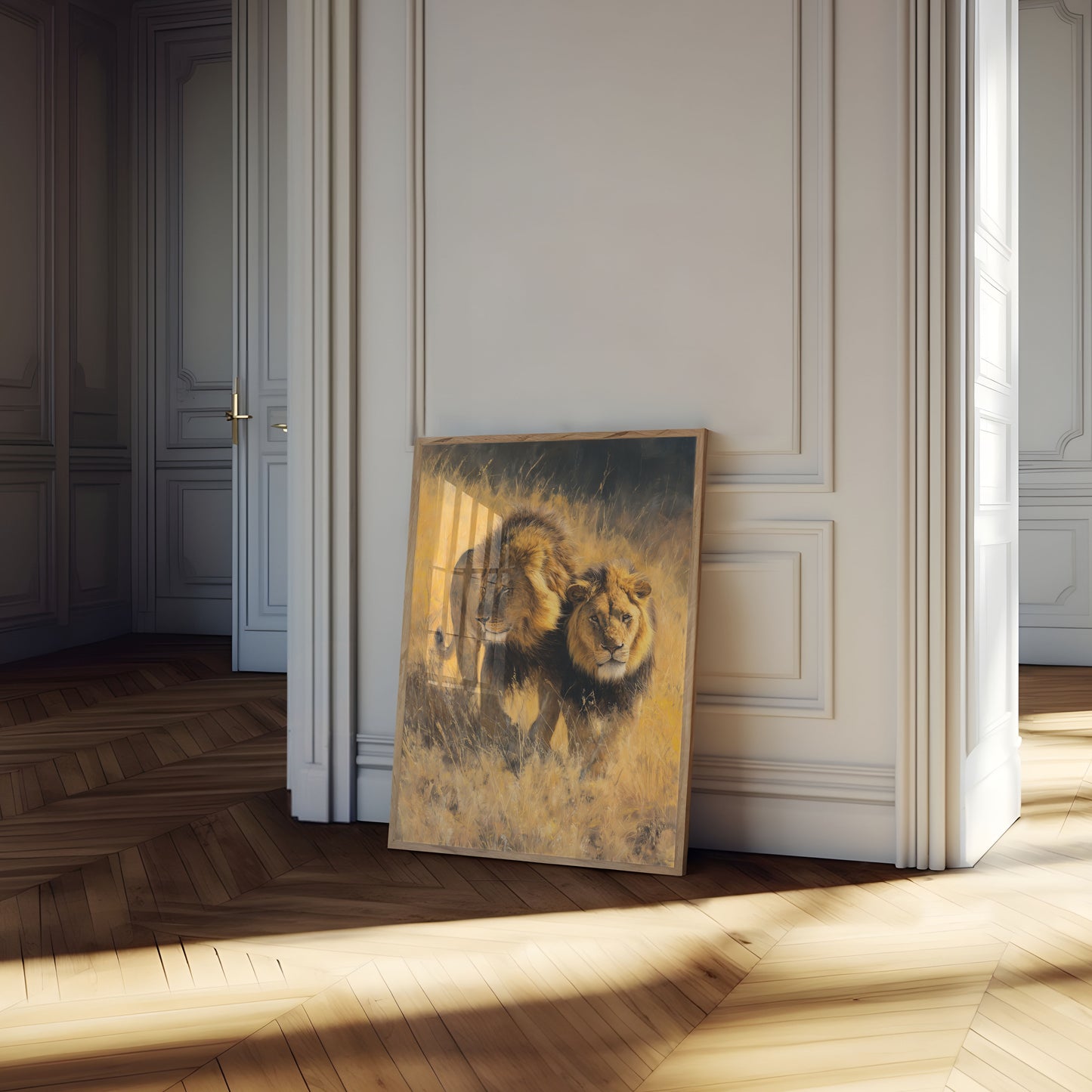 Lion Pair in Golden Grassland Poster