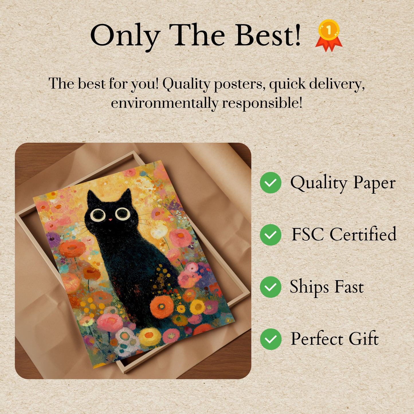 Black Cat in Flower Garden Poster