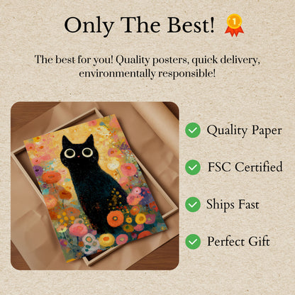 Black Cat in Flower Garden Poster
