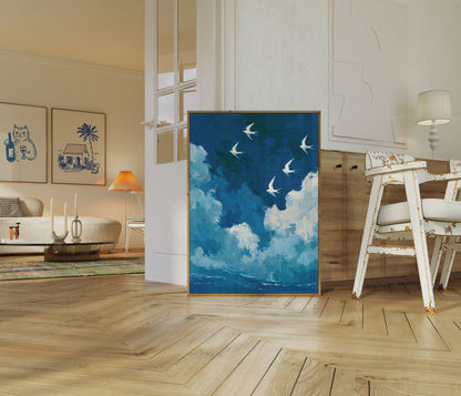 Flying Swallows Over Ocean Poster