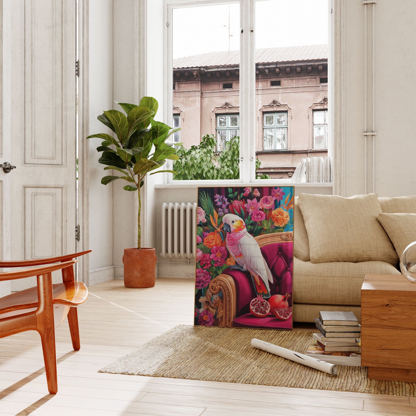 Póster de Cacatúa Elegante Entre Flores en Floración