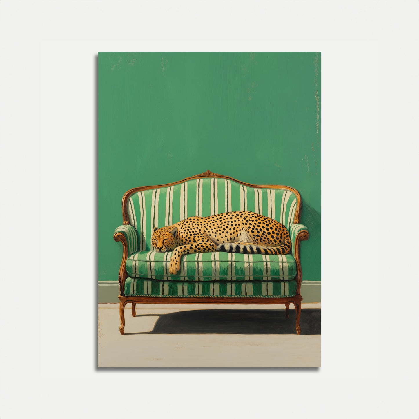 Leopard Lounging on Striped Sofa Poster