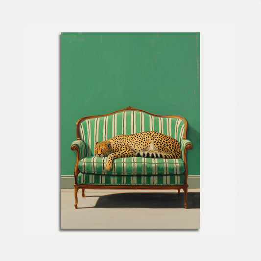 Luipaard Liggend op Gestreepte Bank Poster