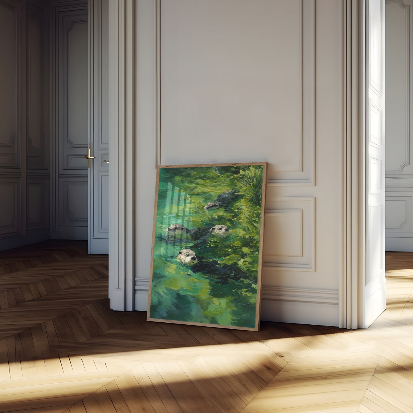 Affiche Loutres Nageant dans l'Eau Verte