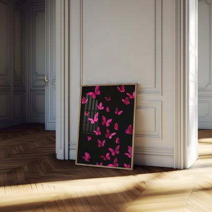 Póster de vuelo de mariposa rosa