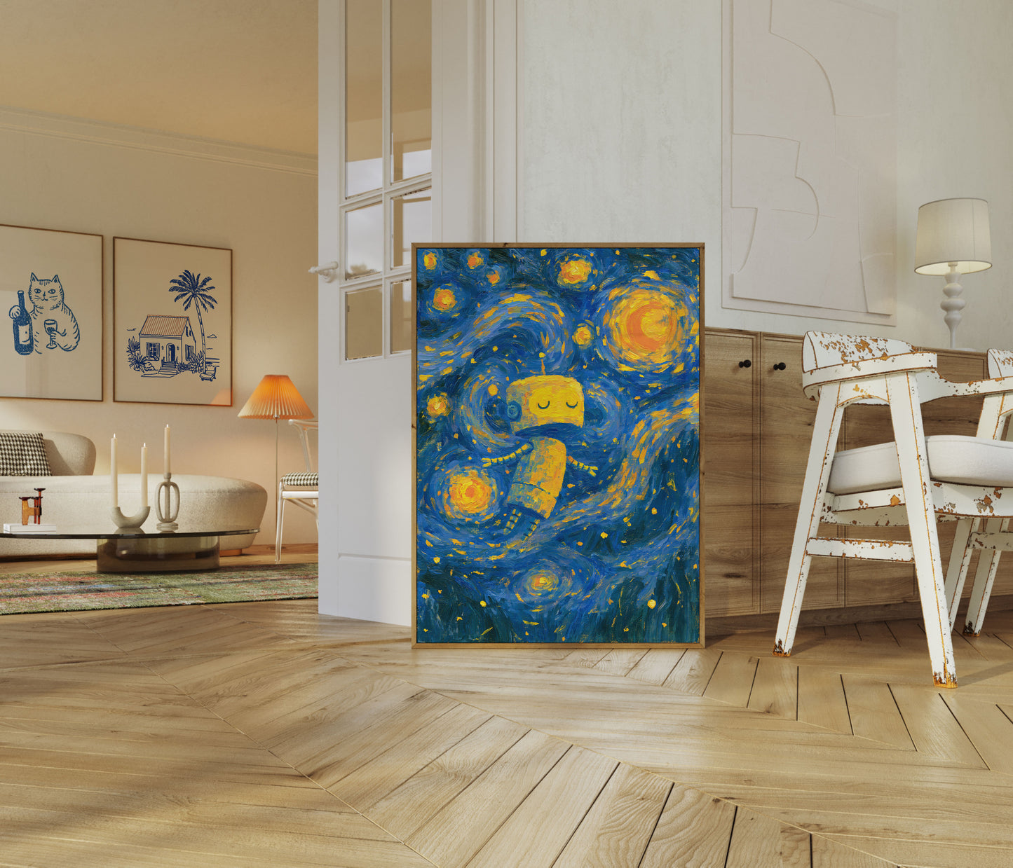 Starry Night Dreaming Robot Poster