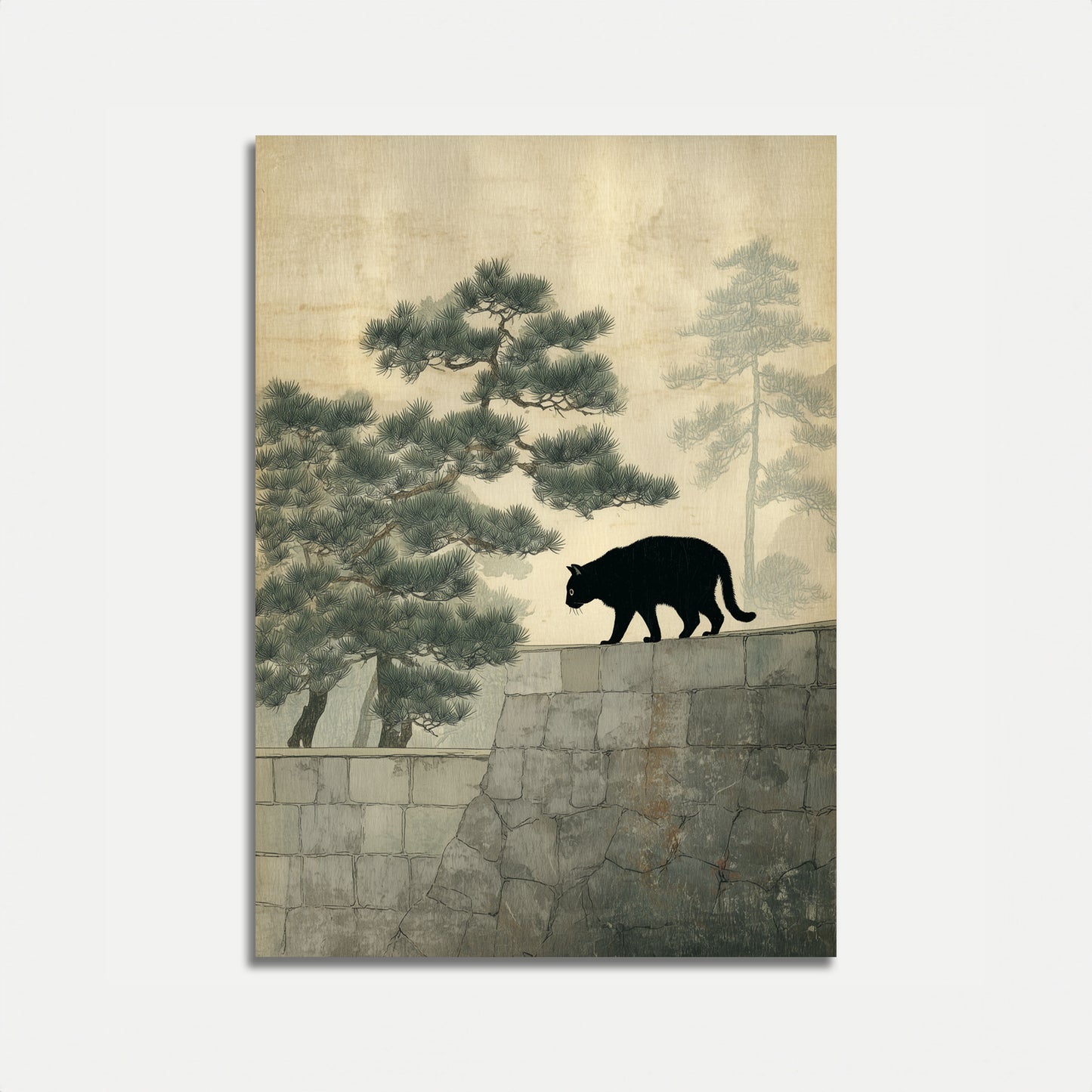 Black Cat on Stone Wall Poster