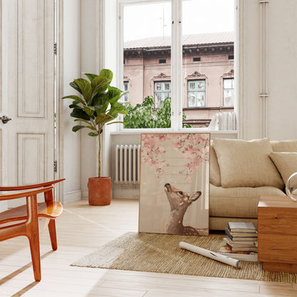 Deer Reaching for Cherry Blossoms Poster