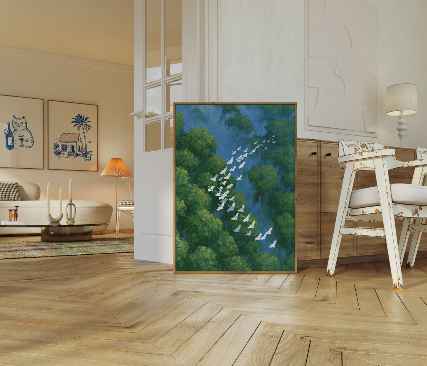 Plakat med hvide fugles flyveformation