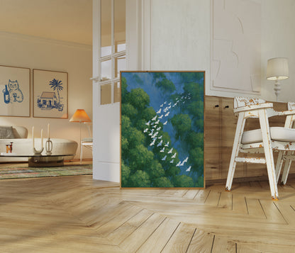 Plakat med hvide fugles flyveformation