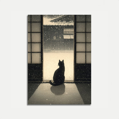 Póster de Gato Negro Observando la Nieve de Invierno