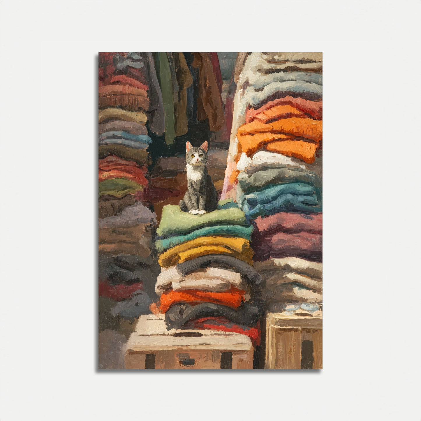 Katze zwischen bunten Stoffen Plakat