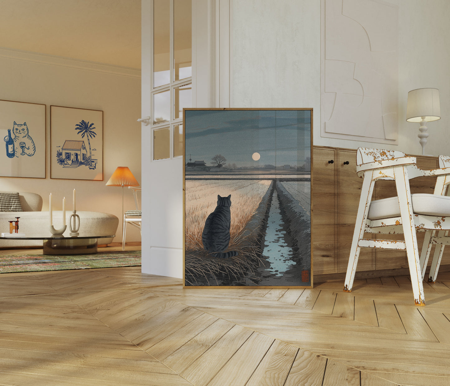 Cat in the Moonlit Fields Poster