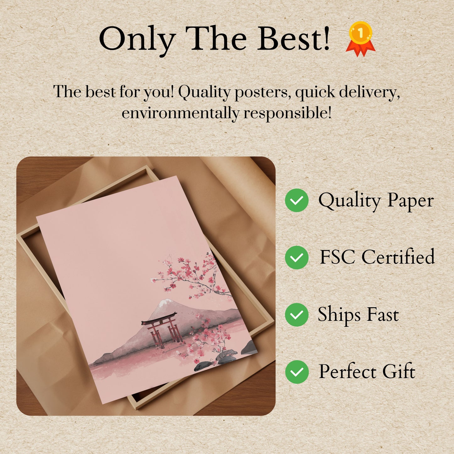 Póster de paisaje de montaña con cerezos en flor