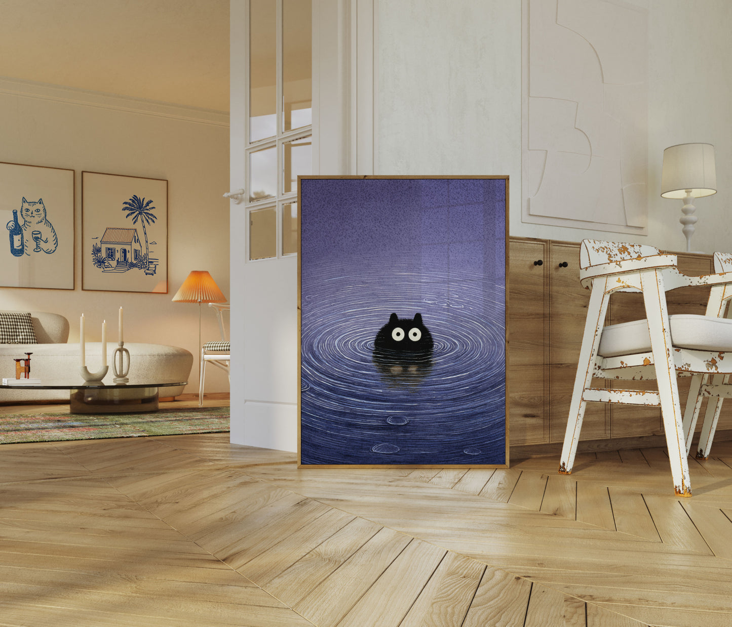Zwarte Kat in Water Poster