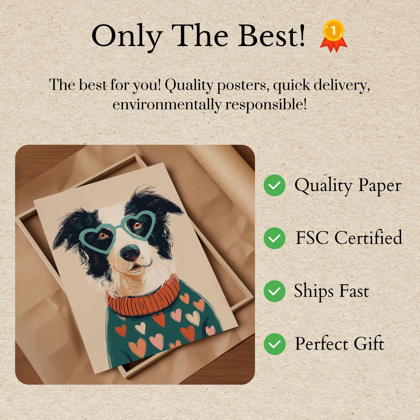 Póster de perro adorable con gafas y corazón