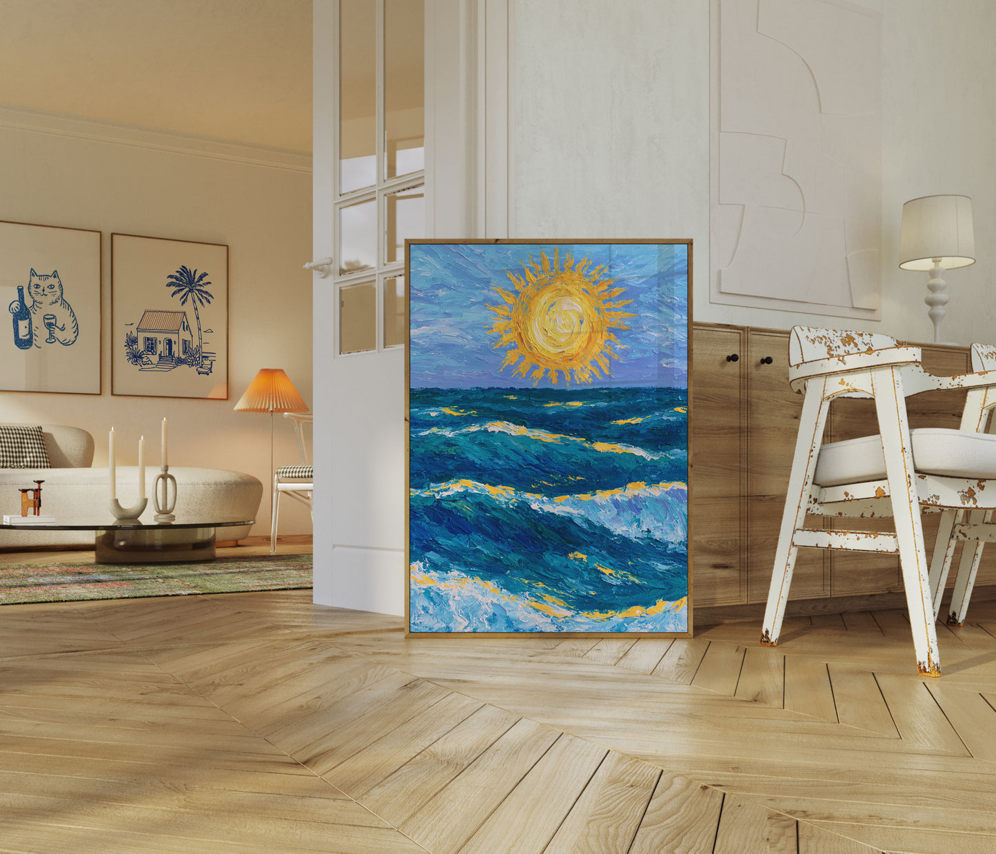 Goldene Sonne über Meereswellen Poster