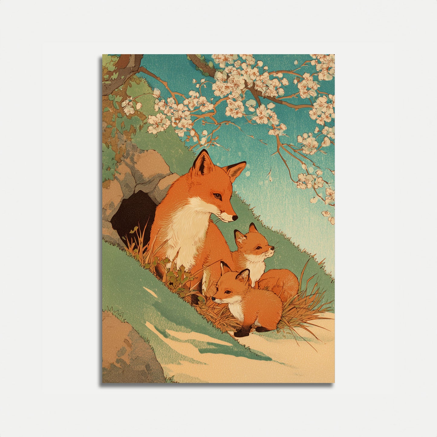 Fox Family Under Blossoms Poster