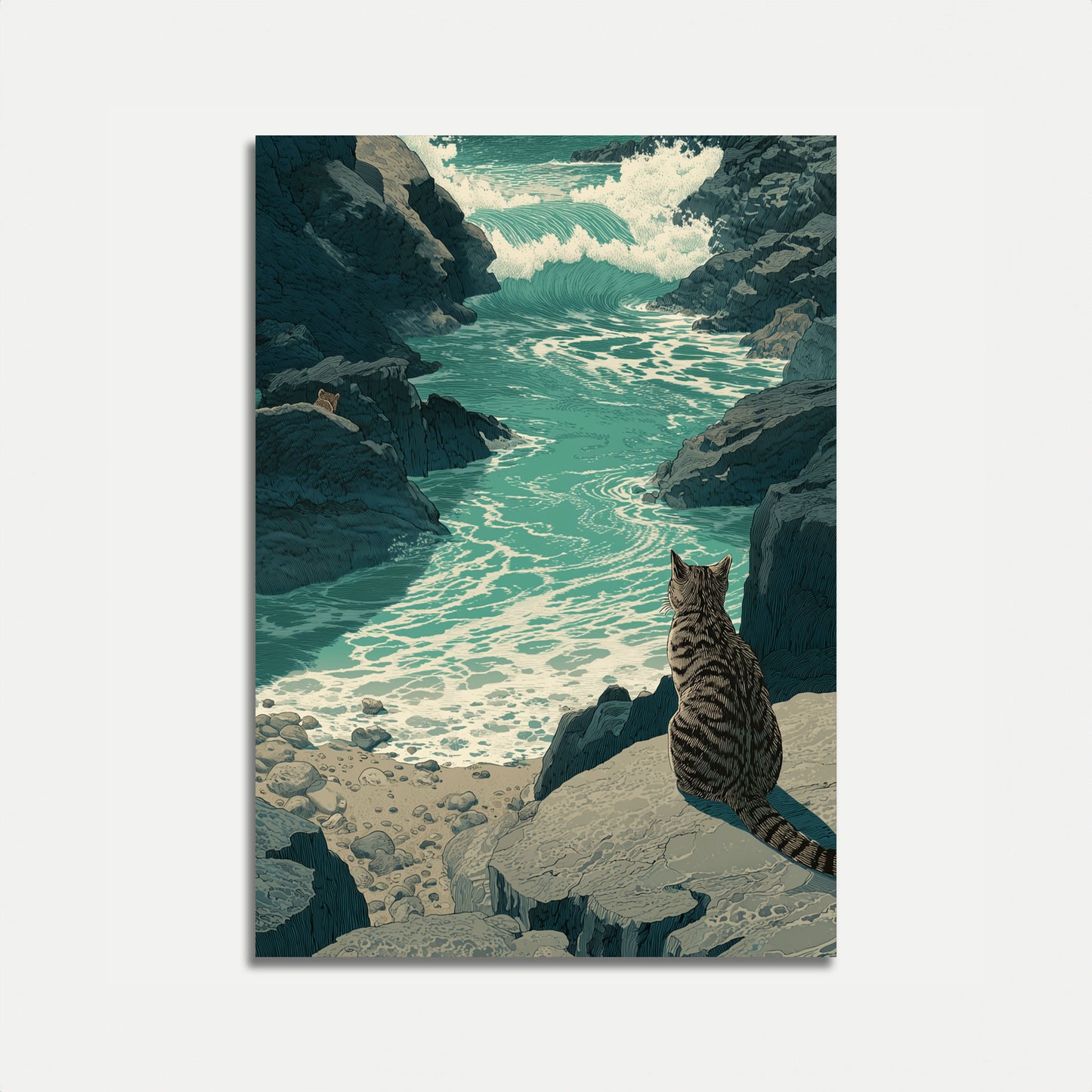 Affiche Chat Regardant les Vagues de l'Océan