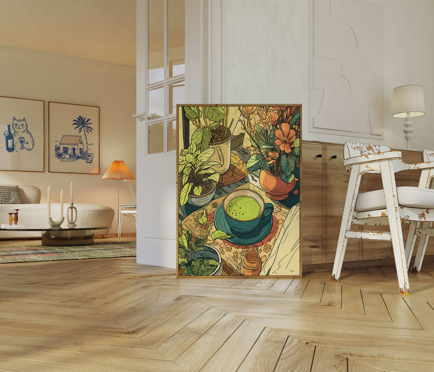 Póster botánico de matcha sereno