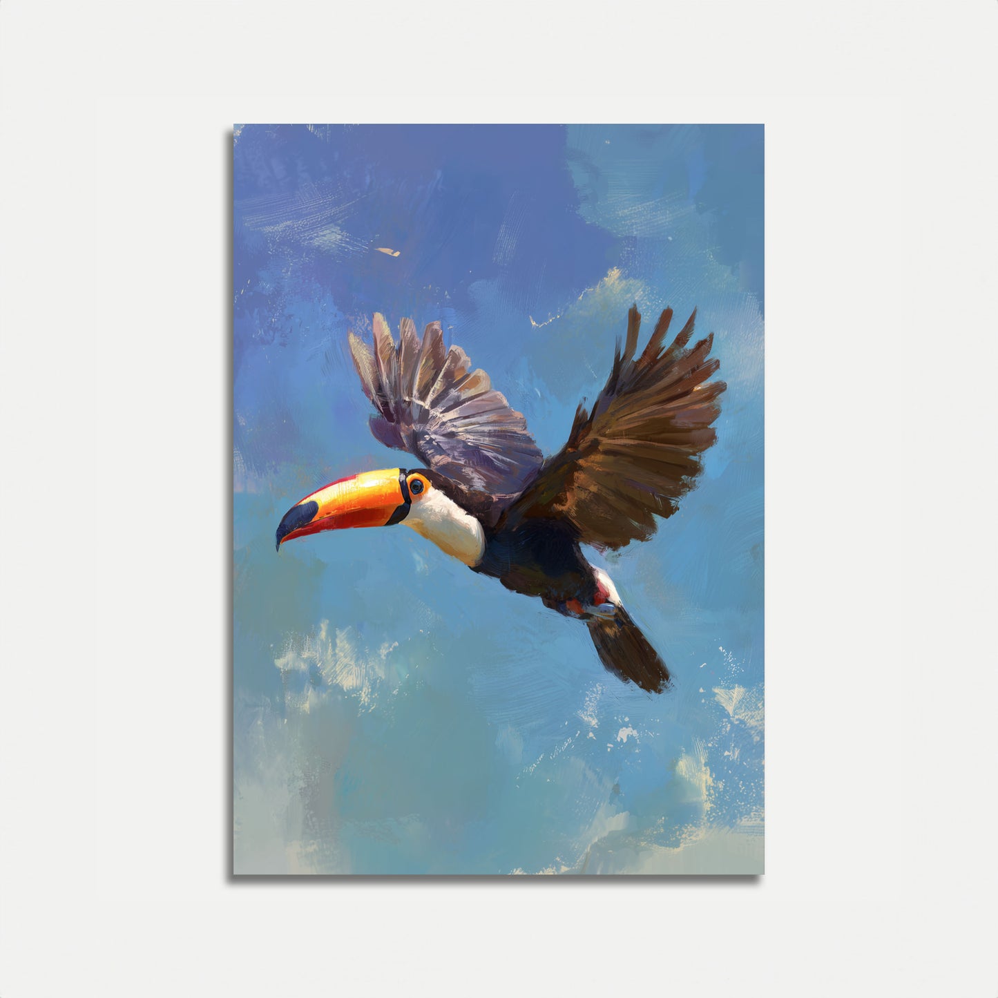 Flying Toucan in Blue Sky Poster