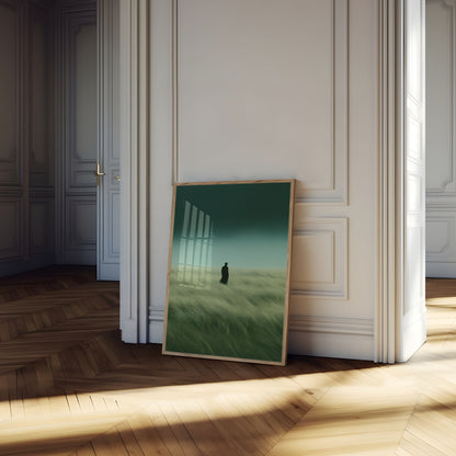 Einzelne Figur auf Poster in windiger Graslandschaft