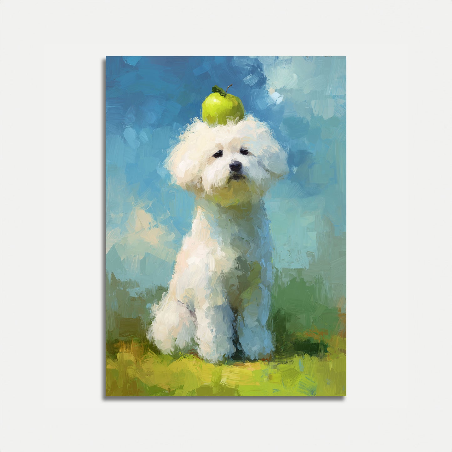 Affiche d'équilibre avec un chiot joueur et une pomme