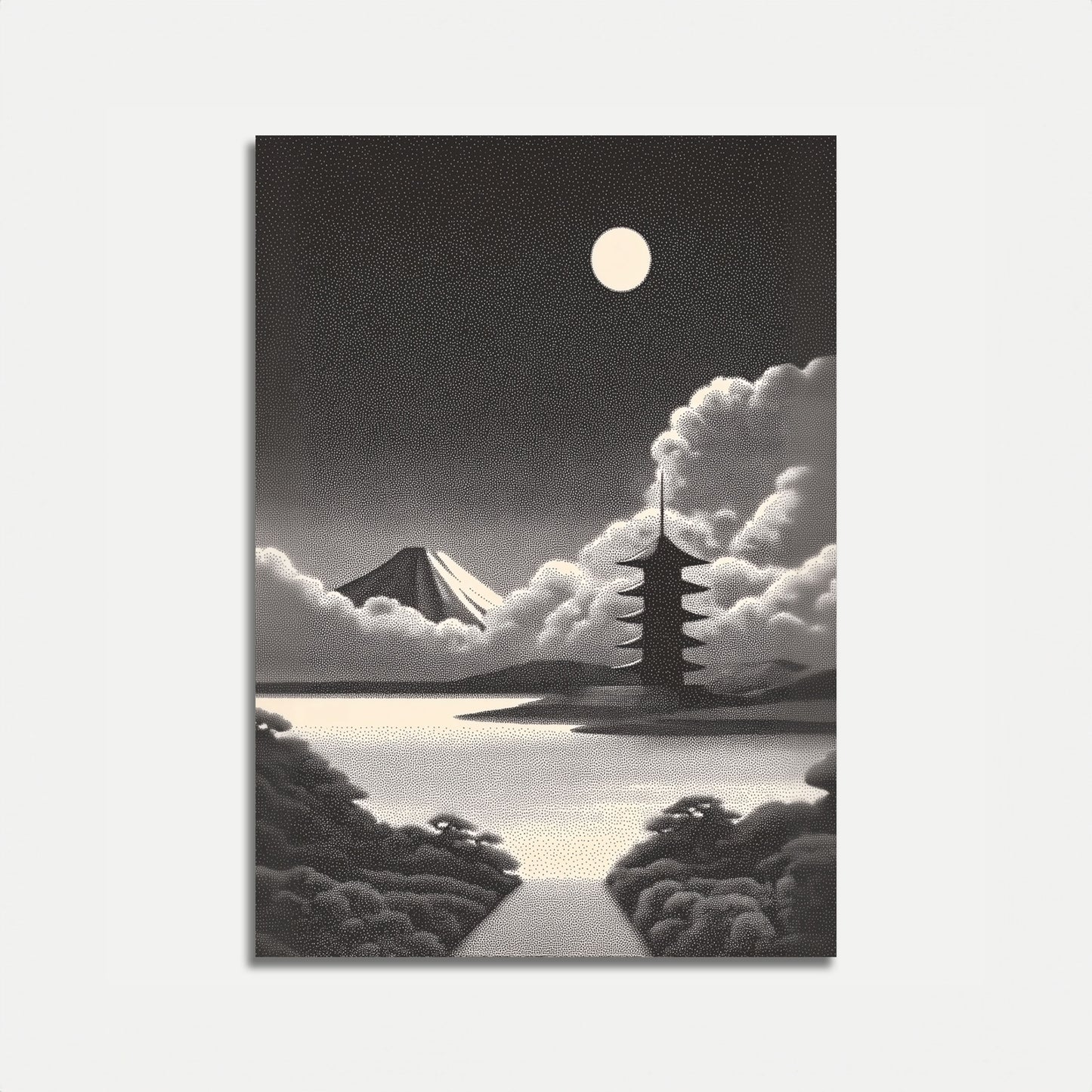 Månelyst Bjerg Pagode Plakat