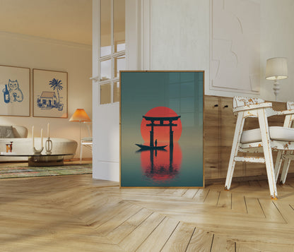 Klidný japonský torii západ slunce plakát