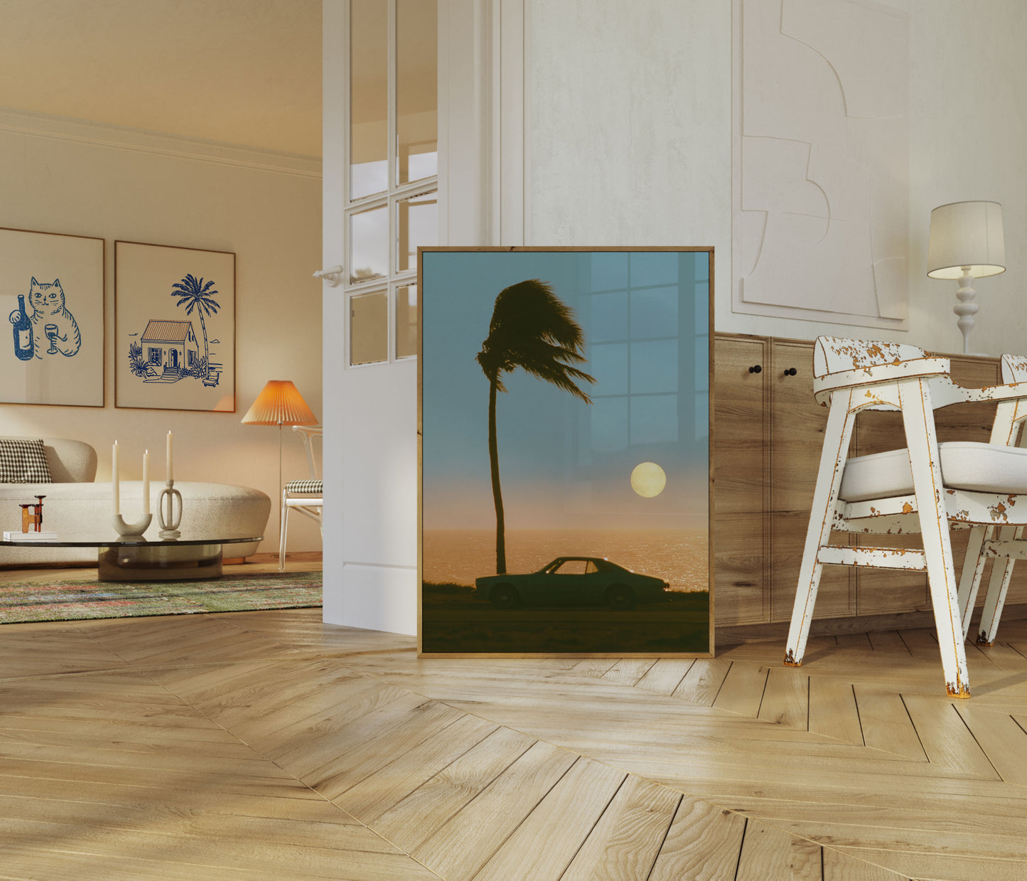 Poster con luna e auto d'epoca sulla spiaggia