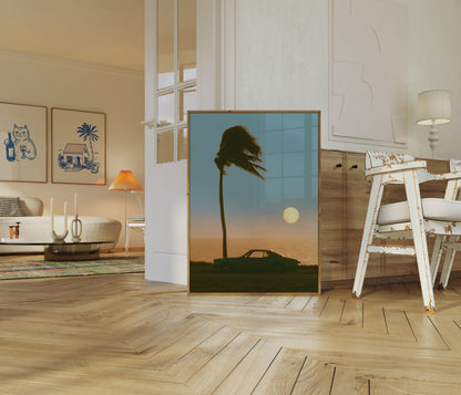 Poster con luna e auto d'epoca sulla spiaggia