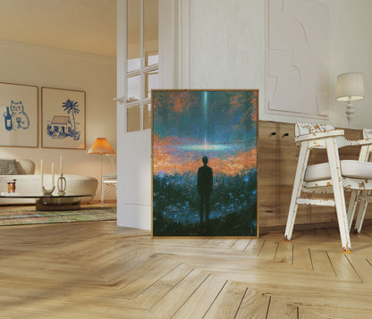 Poster: Figura solitaria nel bosco luminoso