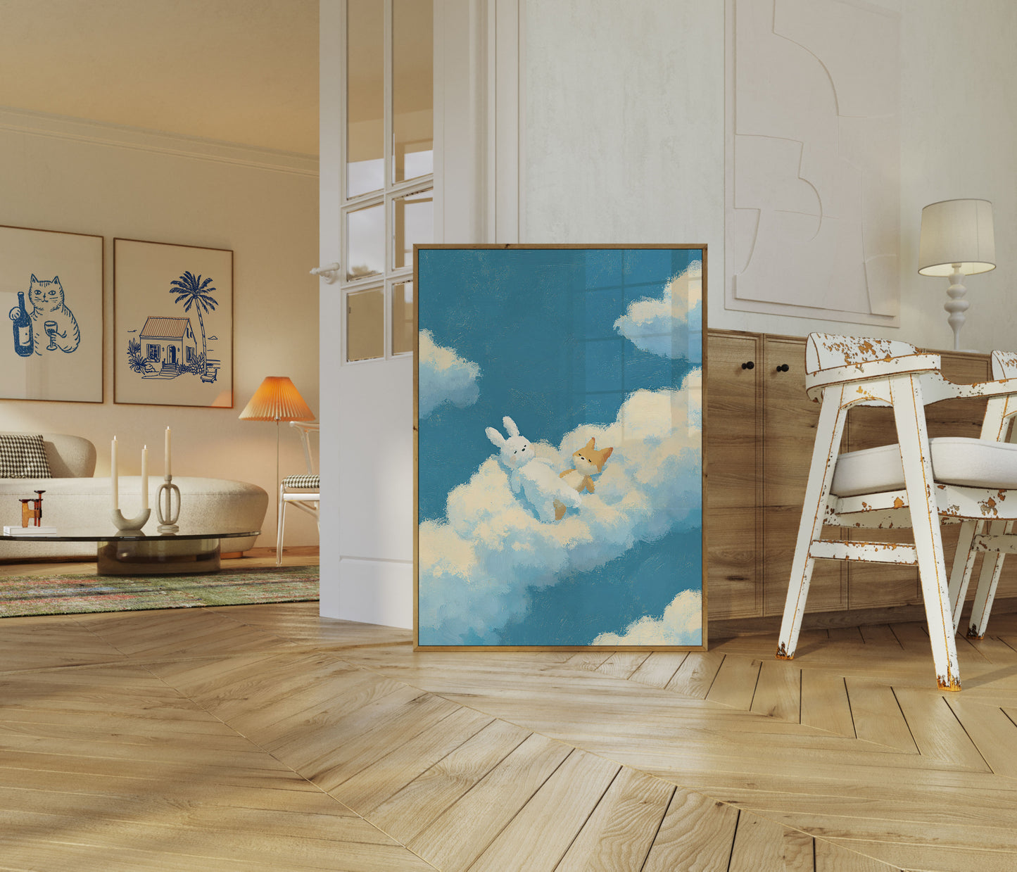 Bunny and Fox in Clouds Poster