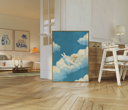 Bunny and Fox in Clouds Poster