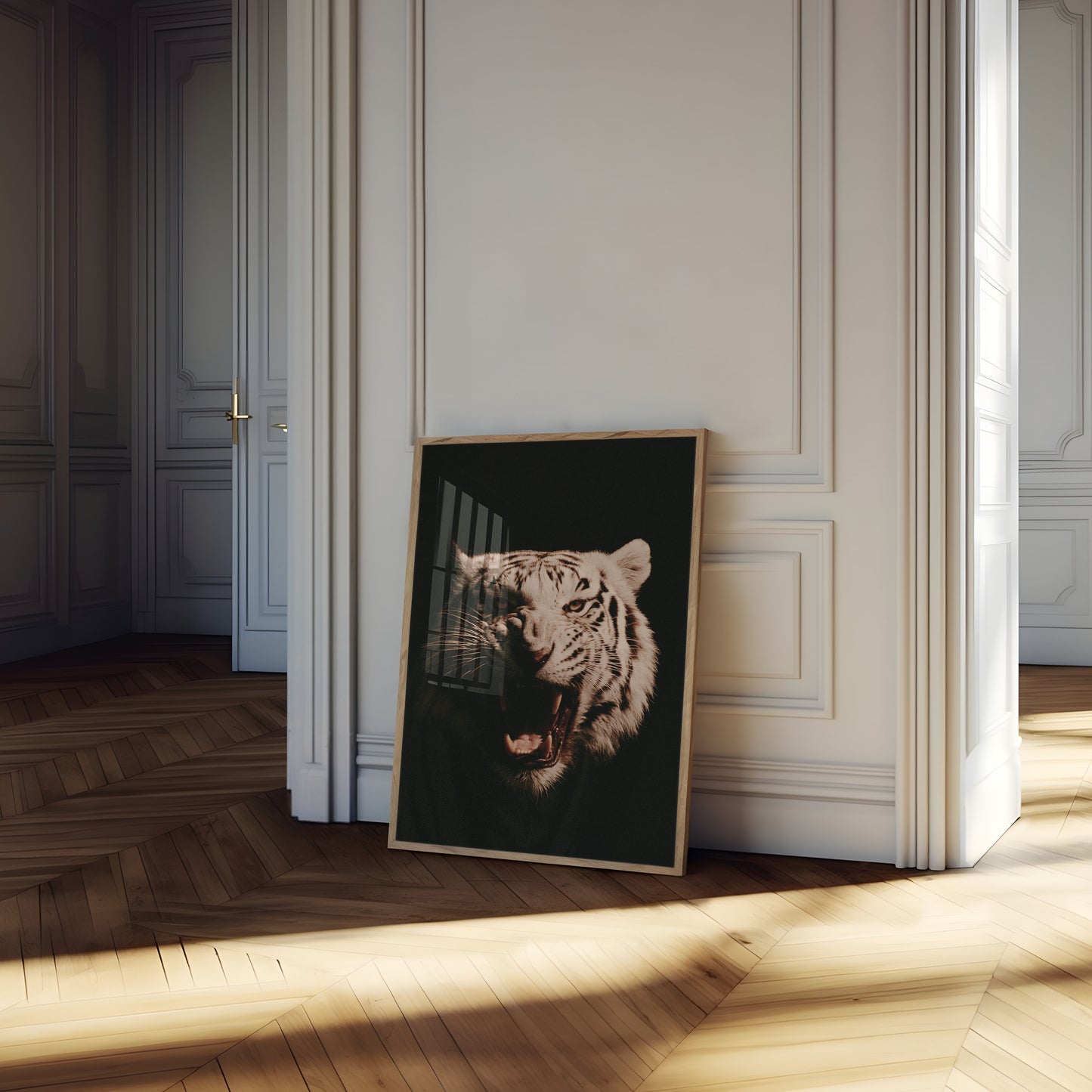 Plakat: Hvid tiger brøler vildt