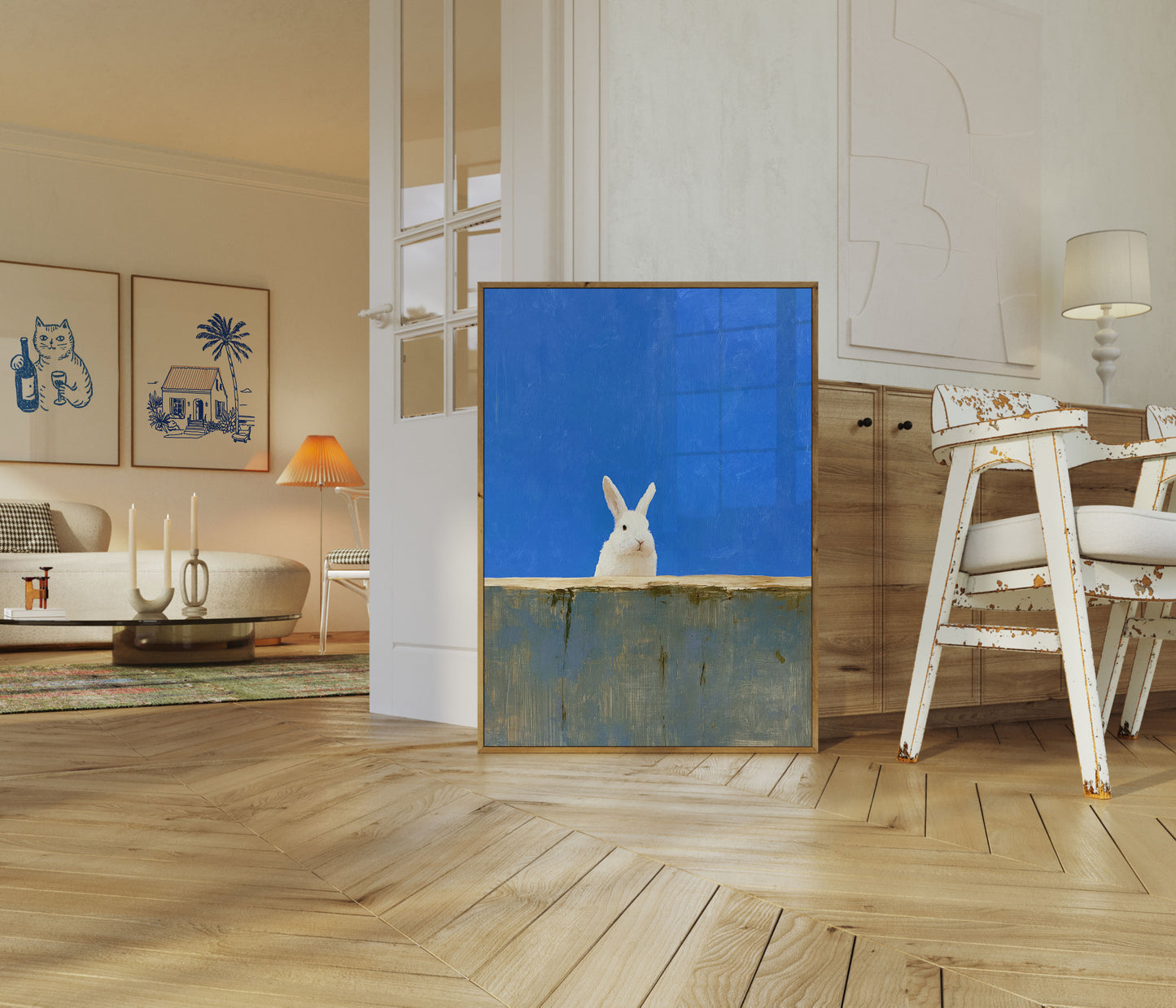 Weißer Hase auf blauem Poster