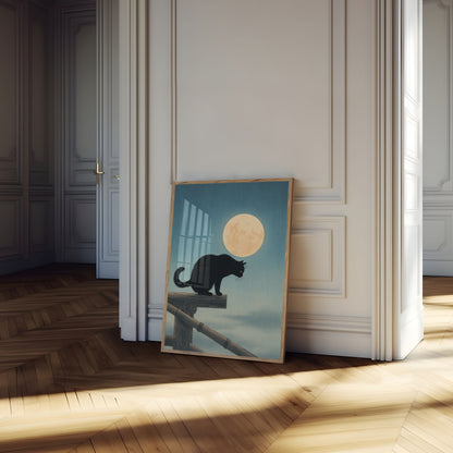 Schwarze Katze unter dem Mond Poster