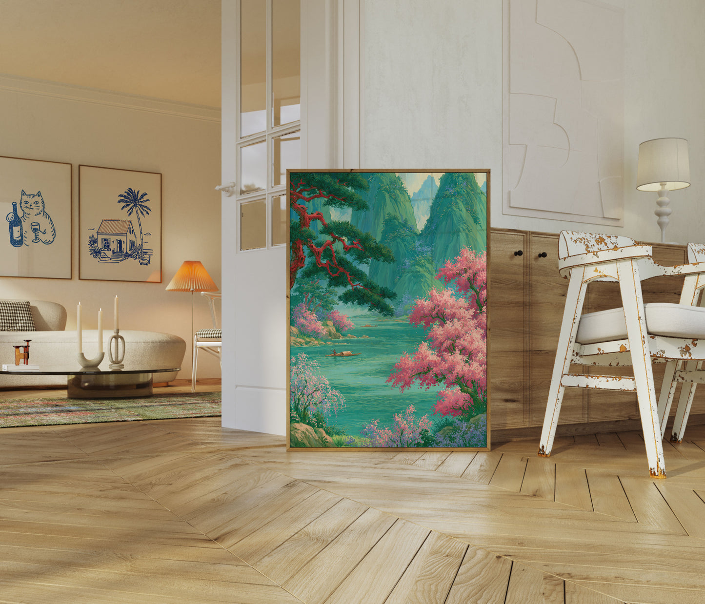 Mountain River Cherry Blossom Poster