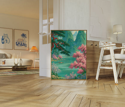 Mountain River Cherry Blossom Poster
