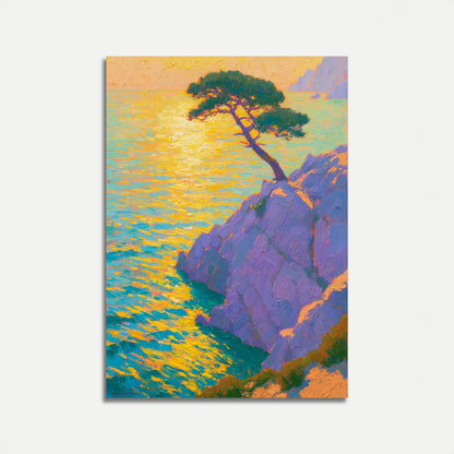 Poster Tramonto Scogliera Albero Solitario