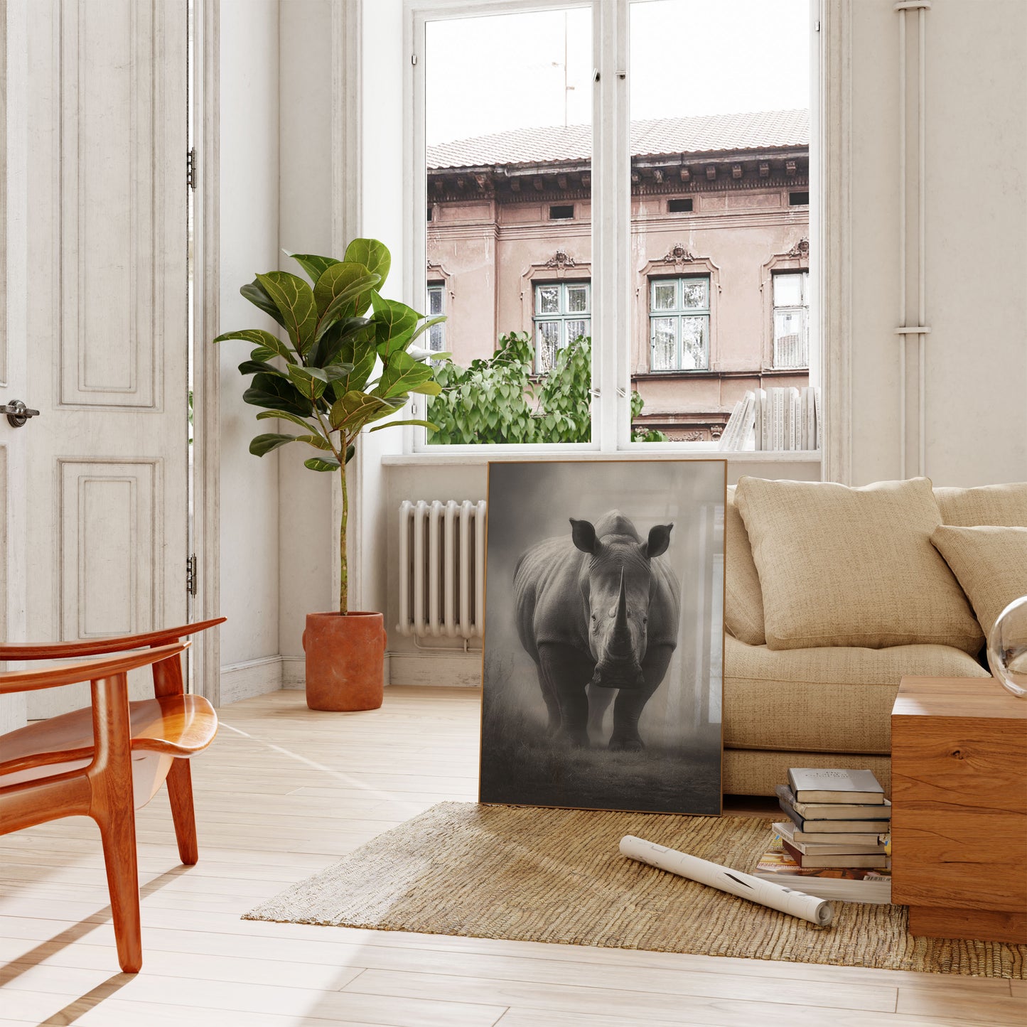 Póster de un majestuoso rinoceronte en una pradera brumosa