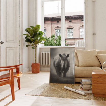 Póster de un majestuoso rinoceronte en una pradera brumosa