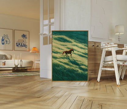 Red Horse Running Through Grassland Poster
