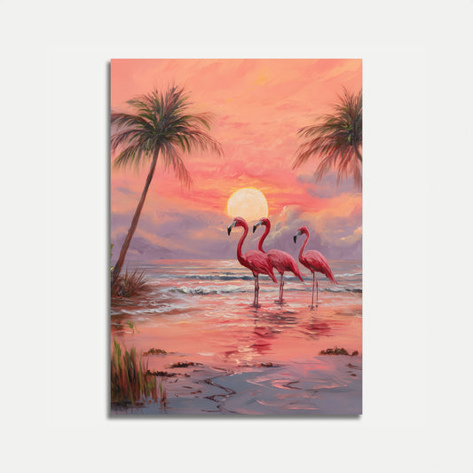 Sunset Flamingos Beach Poster