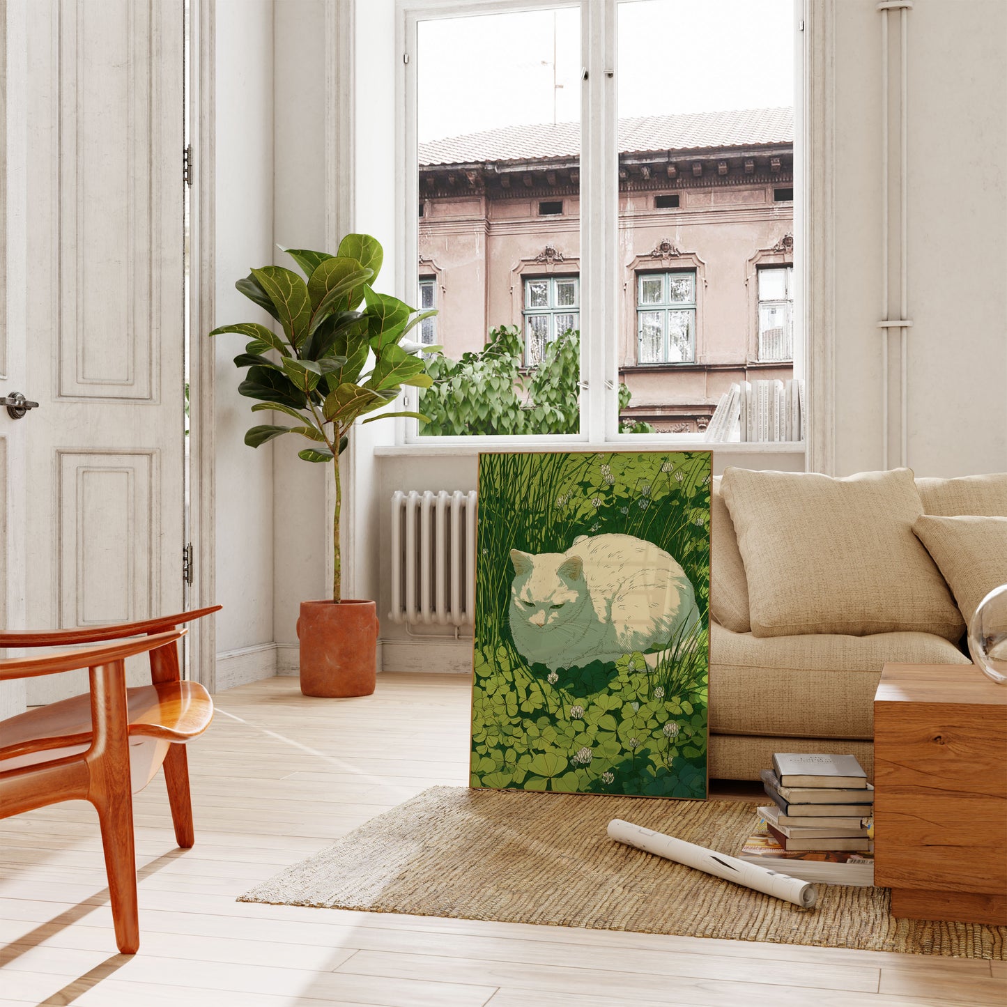 Hvid kat i kløvermark plakat