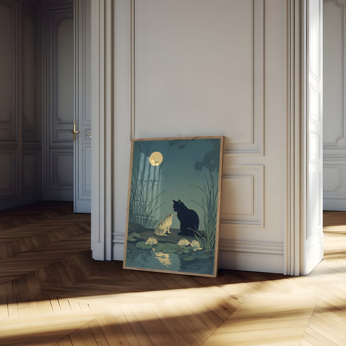 Moonlit Cat and Frog Poster