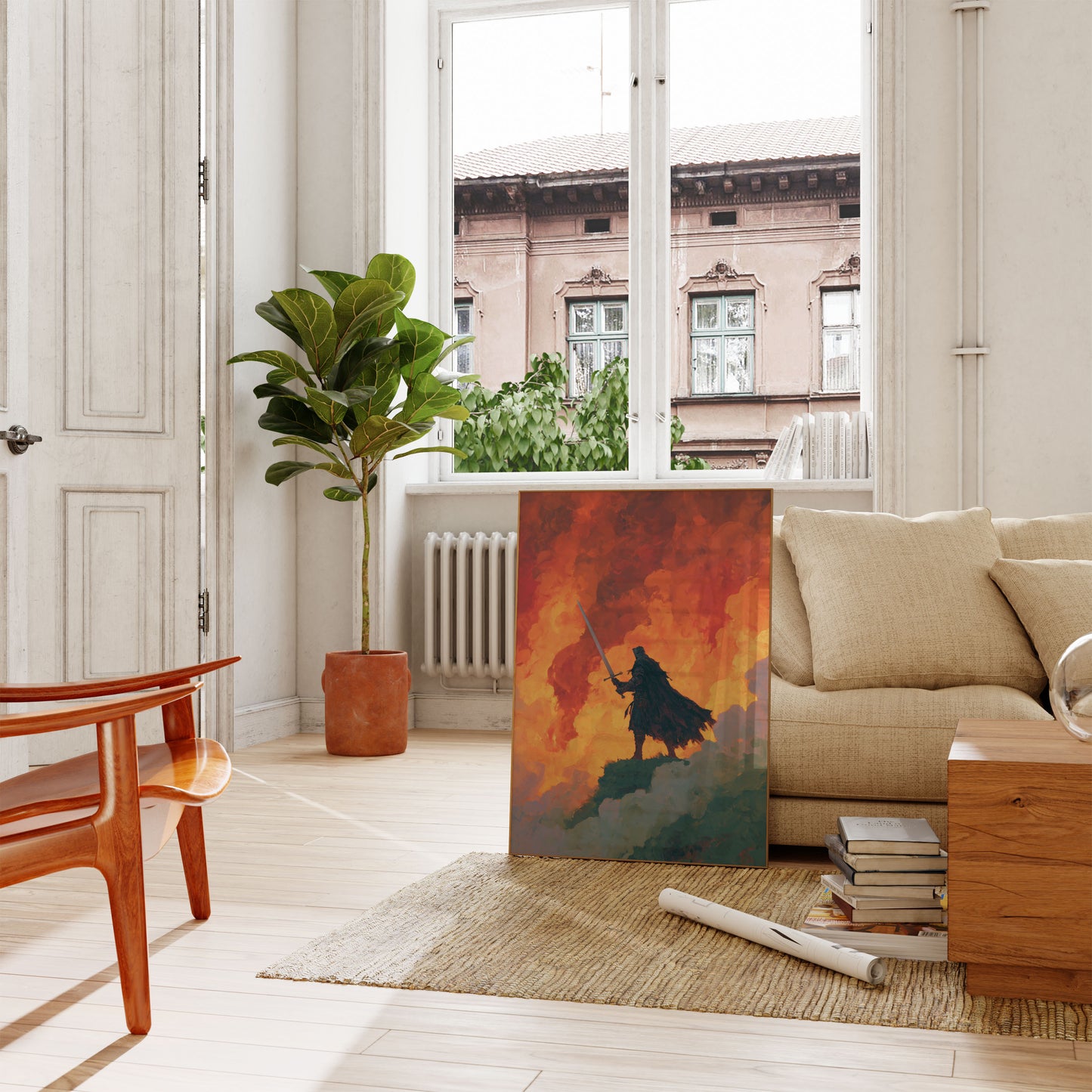 Warrior Standing in Flames Poster