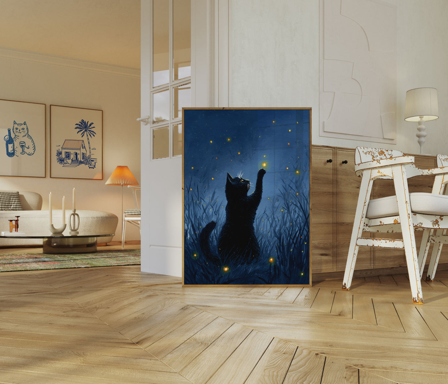 Cat Reaching for Fireflies Poster