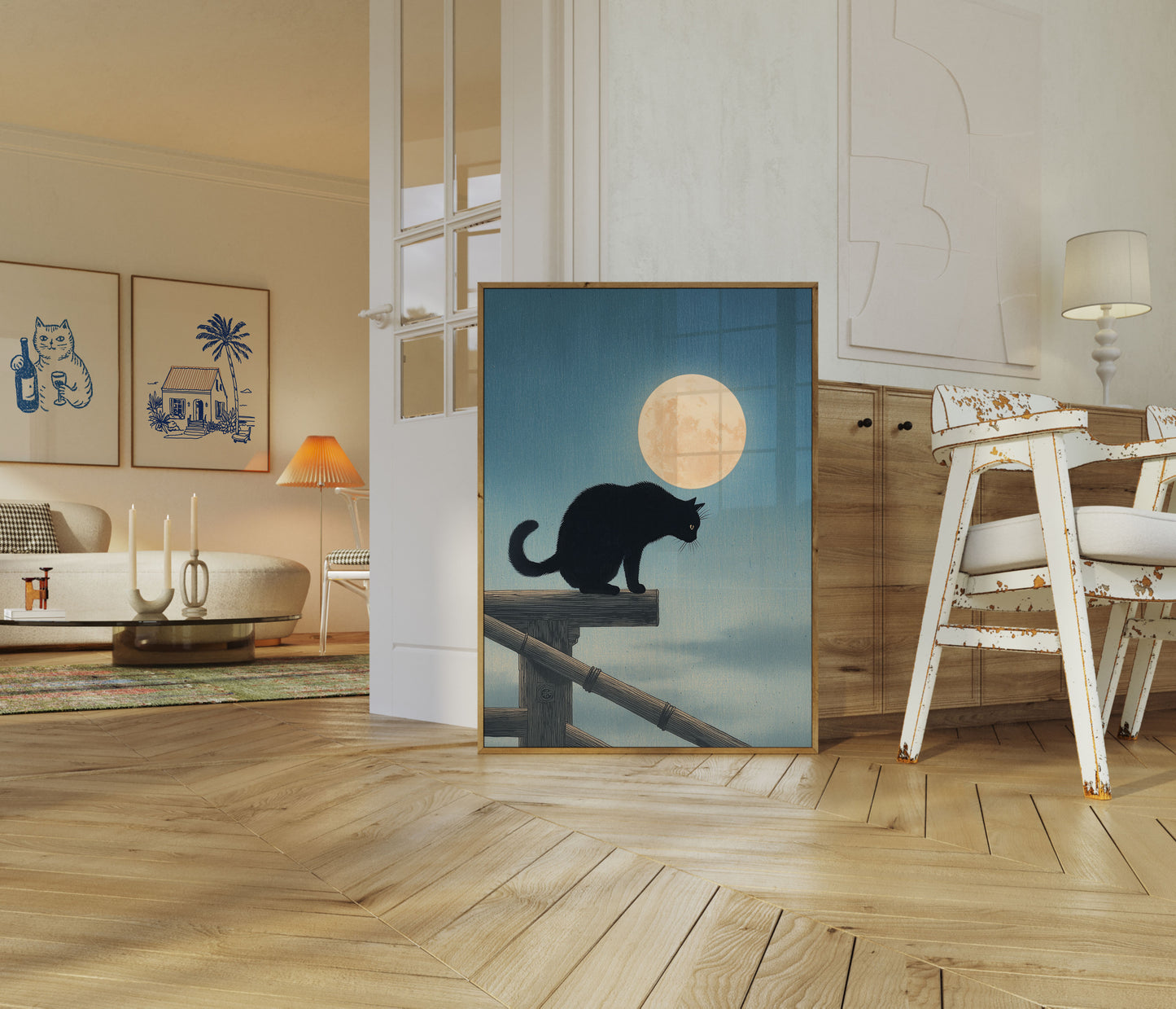 Schwarze Katze unter dem Mond Poster